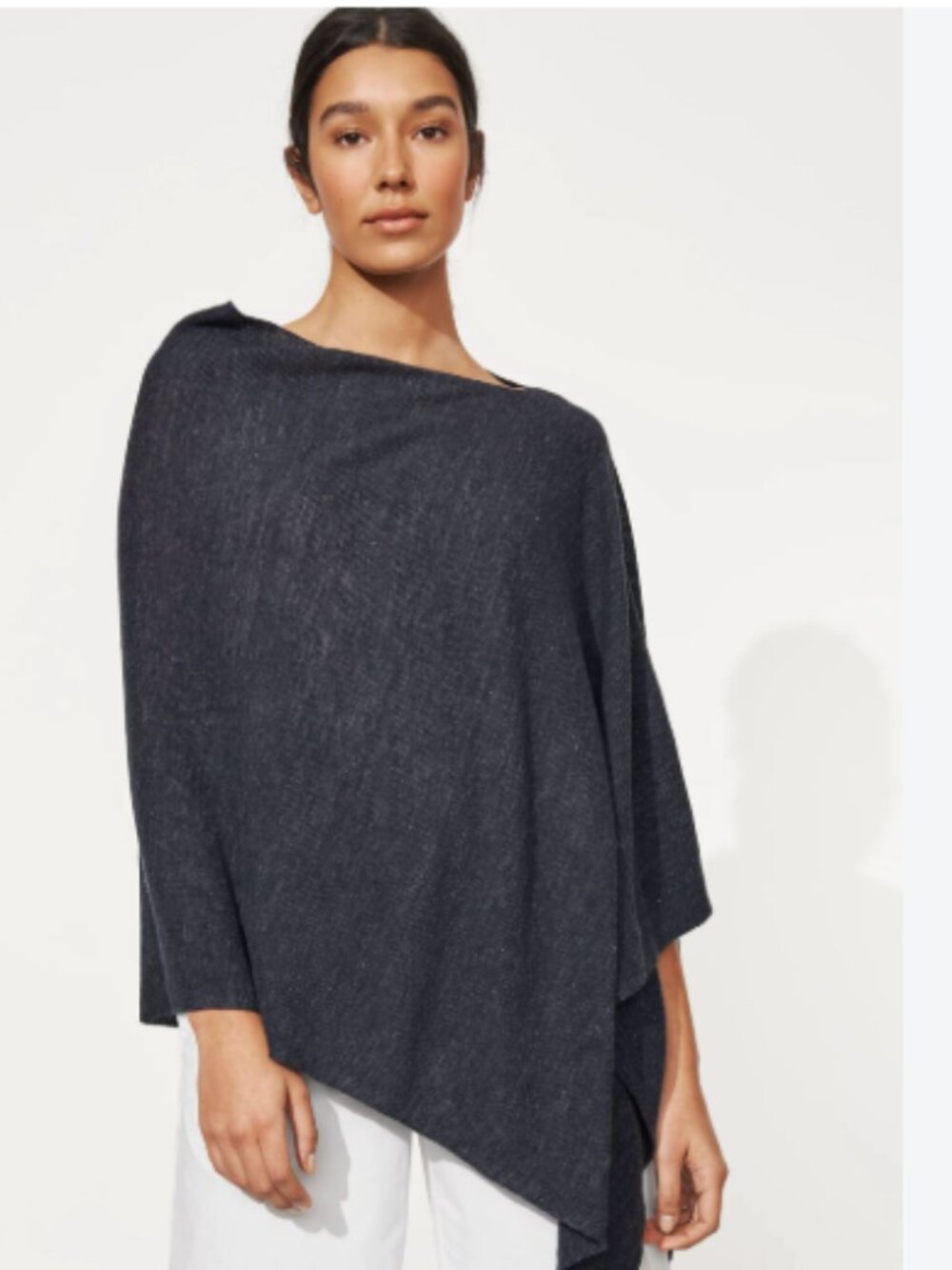 Eileen Fisher Black Organic Linen Blend Asymmetrical Poncho Sweater One Size